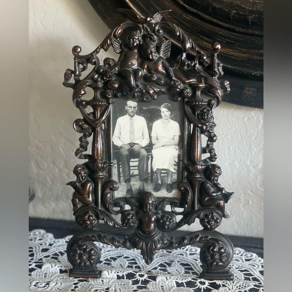 Victorian Ornate Cast Iron Mirror-Antique Cast Iron 14.25" x 9" Cherubs frame
